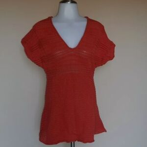 Calvin Klein Crochet Knit Women's Sweater Burnt Orange Spice Coral V-neck Sz 2X